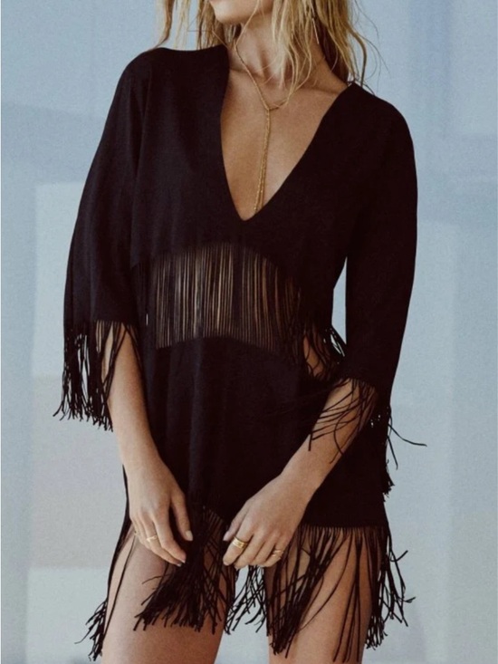Beach Bunny Other - Beach Bunny Black Fringe V-Neck Swim Coverup
